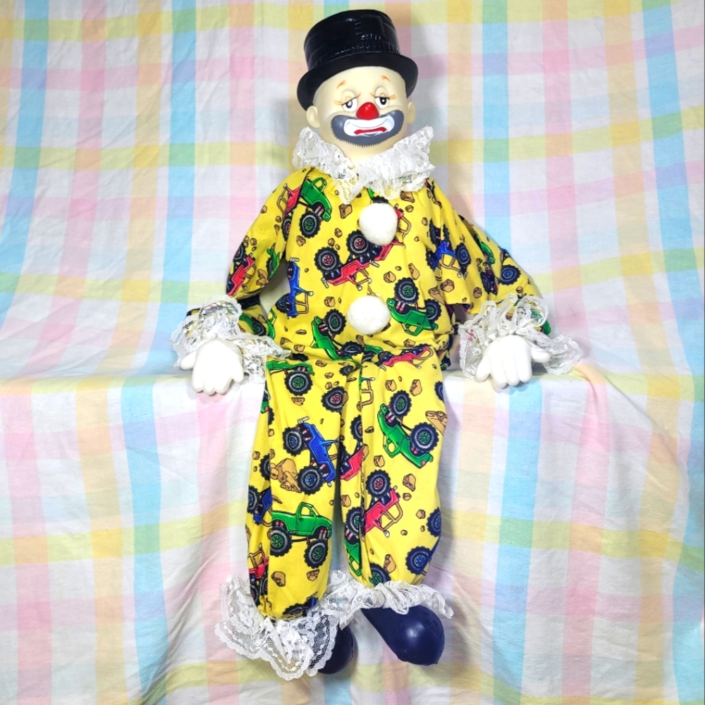 Creepy Vtg sad clown plastic head hands feet with truck fabric and block body